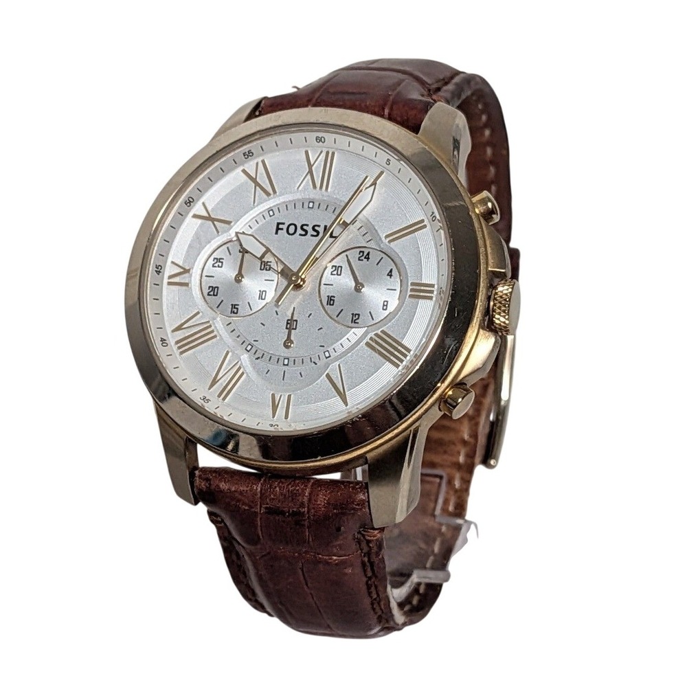 Fossil Grant Chronograph Watch Brown & Gold Roman Numeral Leather Strap Working